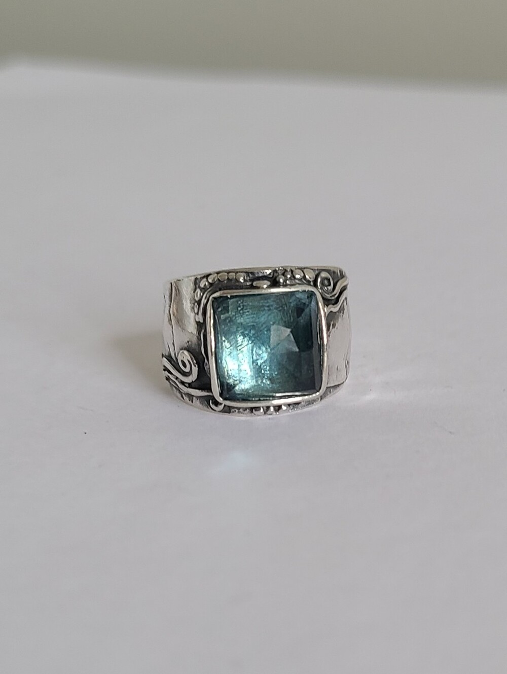 Vintage Sterling Silver Chunky Square Blue Topaz Aqua Gemstone Boho Wide Ring